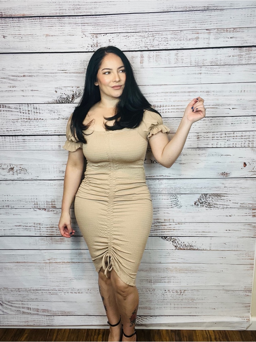 Ruched Beige Bodycon Dress with Puff Sleeves